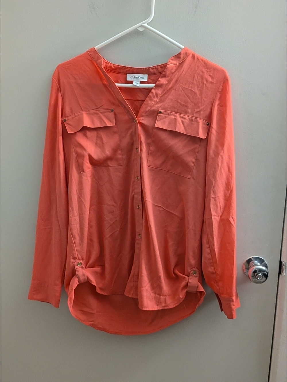 Calvin Klein Small Coral Button-Front Long-Sleeve Blouse Luxury Travel Office